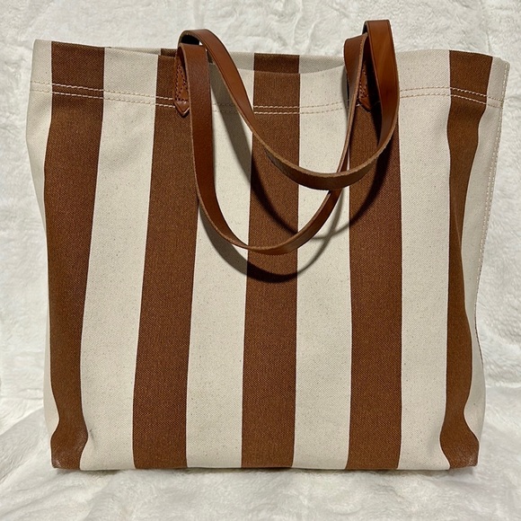 🔥🔥🔥Madewell Stripe Leather Canvas Large Tote Shoulder Bag - Picture 3 of 15